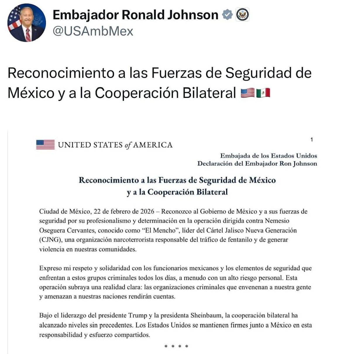 Comunica la Embajada de Estados Unidos en México tras operativo contra El Mencho