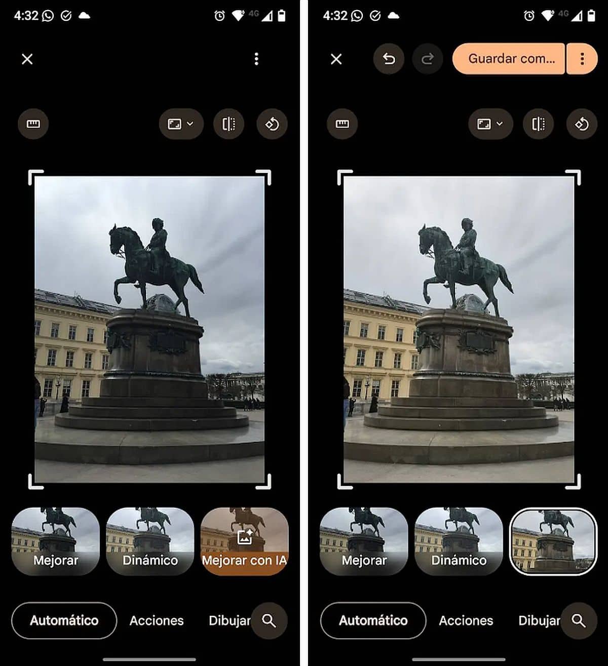 Interfaz de Google Fotos mostrando botón de mejorar con IA en Android DEF
