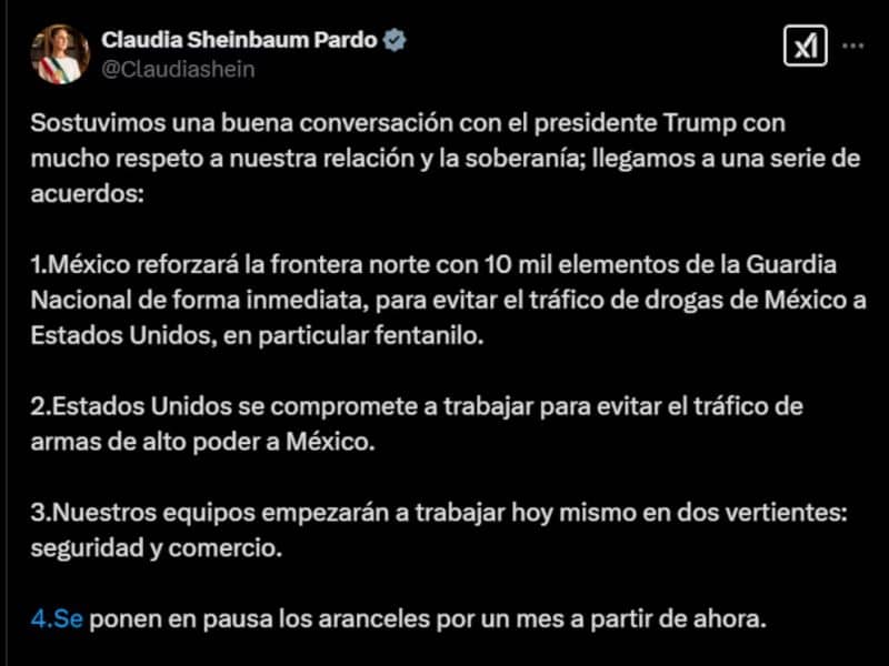 Claudia Sheinbaum anuncia pausa de aranceles de EE.UU. a México por un mes