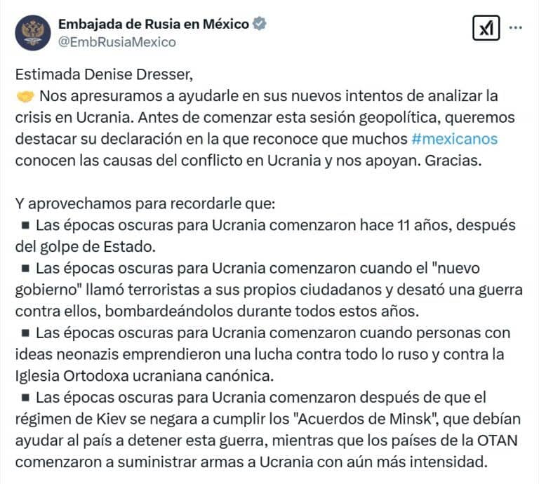 Embajada de Rusia responde a Denise Dresser sobre Ucrania Qué pasó