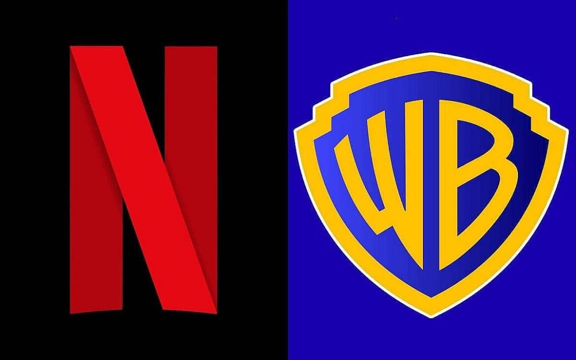 Logo de Netflix junto al de Warner Bros. sobre fondo cinematográfico