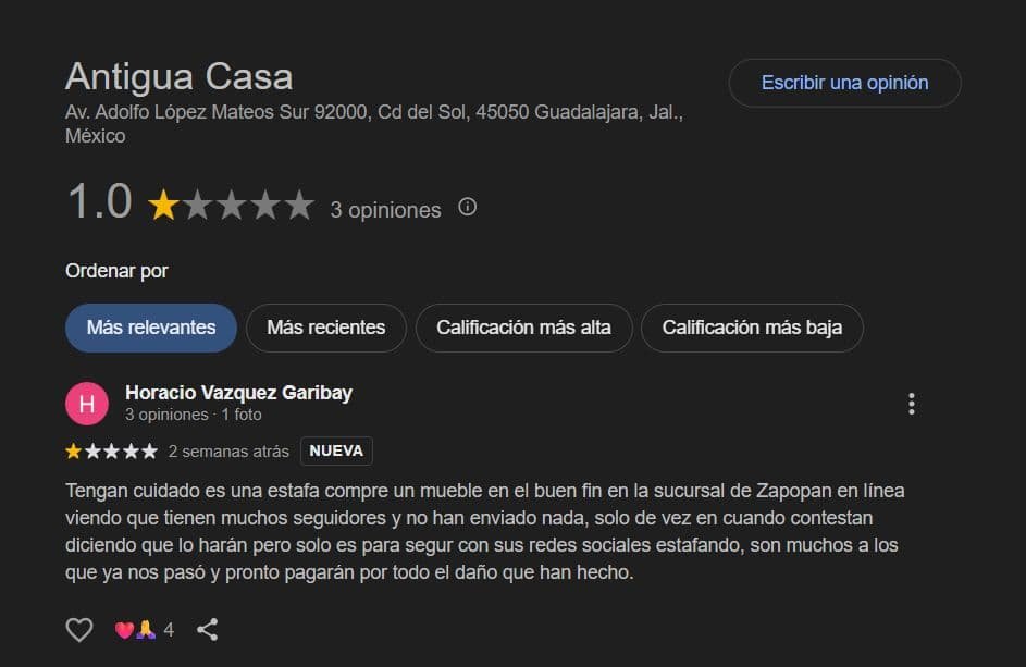 Antigua Casa una estafa disfrazada de mueblería GoogleMaps